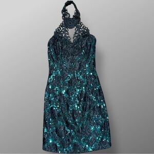 Vintage Loralie Original Black & Green Sequin Halter Lace Dress Sz 6 USA